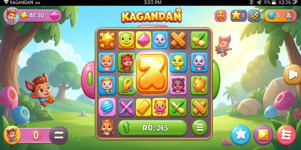Tampilan gameplay KAGANDAN dengan kombinasi batu permata berwarna-warni.